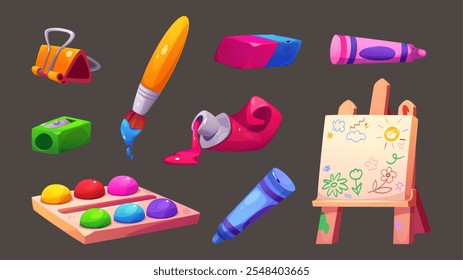 Material de desenho para atividades criativas - cavalete com arte de giz de cera infantil, paleta de pintura, pincel, afiador, borracha e marcador. Ferramentas artísticas para educação infantil e desenvolvimento da infância.