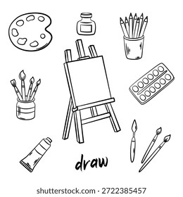 Ich ziehe Vorräte. Elemente für Kunst oder Zeichnung. Konzept der Kunstversorgung. Handgezeichnete schwarz-weiße Linien Kunst perfekt für Lifestyle-Designs