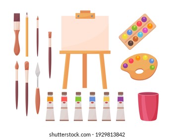 Drawing supplies set. Artists tools, brush, paint, palette, easel, paintbrush, canvas isolated on white. Vector illustrations for artistic school, painter studio, art studying concept