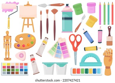 Drawing supplies set. Artists tools, brush, paint, scissors, palette, easel, paintbrush, canvas isolated on white. Artistic school, painter studio, art studying elements. Vector illustration