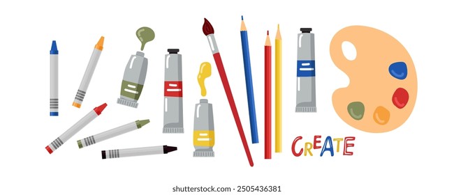 Drawing supplies set for craft education. Artists tools, brush, paint, palette, wax crayons paintbrush isolated on white. Artistic school, painter studio, art studying elements. Vector illustration.