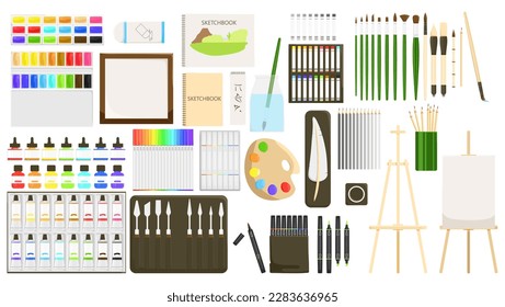 Drawing supplies set isolated on white background. Artists tools, brush kit, paint palette, painting brushes, canvas. Artistic school class, painter studio, art studying concept. Vector illustration