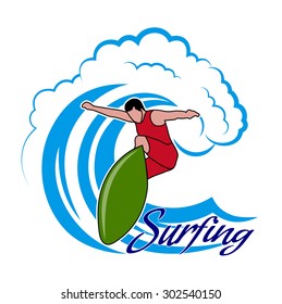 Drawing surfer and big wave.