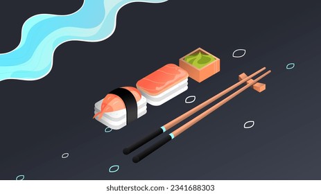 Drawing of a sushi set on a black background with chopsticks, isometric