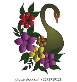 A drawing of a swan with flowers