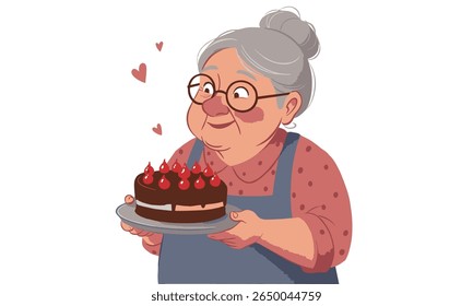 Desenho de uma vovó doce com óculos e um pão, vestindo um avental e servindo fatias de bolo, perfeito para temas de cozinha, amor e vida familiar.