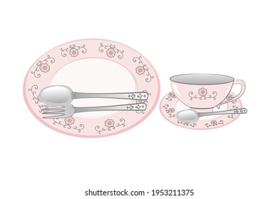 Drawing Sweet pink kitchen household cutlery teacup and plate with spoon. Isolate on white background.Style vintage.