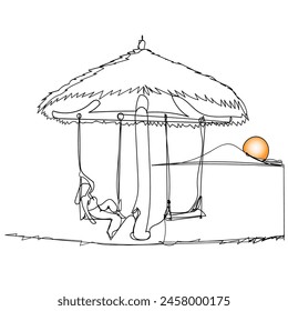 A drawing of a swing hanging from a tree branch, sheltered by a colorful umbrella. Summer holiday concept. Icon vector illustration