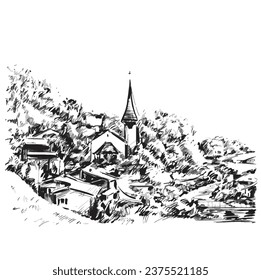 Drawing of Switzerland landscape at countryside 