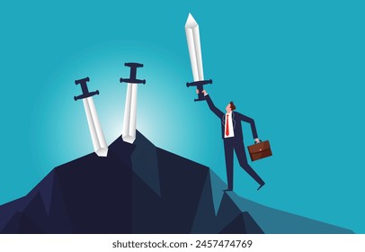 Dibujar la espada en el Rock, Oportunidades y desafíos, Autoridad, Consejos de carrera, Empresario exitoso de pie en un pico de montaña Dibujar la espada en el Rock