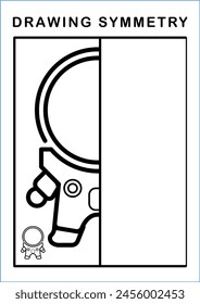 Drawing symmetry page for kids. drawing symmetry cartoon the astronaut. Activity for preschool and school children. Education worksheet Printable