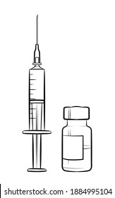 Drawing of syringe with vaccine and vaccine bottle.