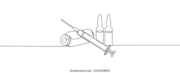 Desenho de uma seringa, frasco e ampola de medicamento com uma linha contínua. Símbolo de medicamentos farmacêuticos e vacinas.  Ilustração de linha editável de vetor.