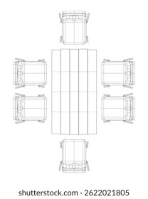 A drawing of a table with chairs. The table is made up of many pieces and is very large. Top view