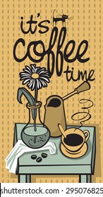 drawing with table, coffee, a vase at home