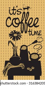 drawing with table, coffee, a vase at home