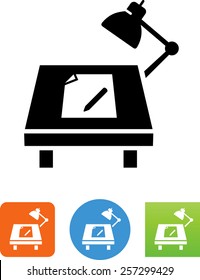 Drawing table with pencil, paper and lamp icon