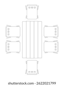 A drawing of a table with six chairs around it. The chairs are all lined up in a row. Top view