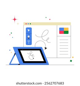 Drawing Tablet And Digital Canvas Interface In Flat Vector Illustration Symbolizing Digital Art, Graphic Design, And Technology, Isolated On White Background.