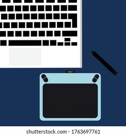 Drawing with Tablet PC and Pen Vector Illustration.