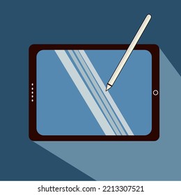 Drawing Tablet and pencil icon. Blue color background. Flat style. vector illustration.