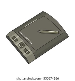 Drawing tablet with stylus icon in cartoon style isolated on white background. Artist and drawing symbol vector illustration.