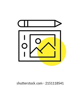 Zeichnen Sie Tablette und einen Stift. Pixel perfektes, bearbeitbares Strichzeilensymbol