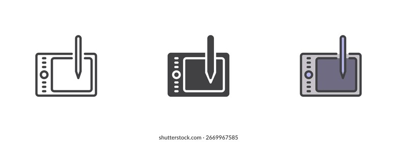 Zeichnen Tablet mit Stift berührt in verschiedenen Stil Symbol-Set. Linien-, Volumenkörper- und gefüllte Umrissversionen. Farbvektorzeichen und -symbol für Handschrifteneingabe und Kunstsymbol.