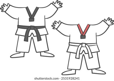 Um desenho de um praticante de Taekwondo em uniforme branco com um recorte para o rosto.