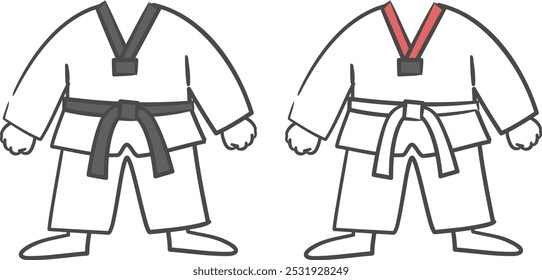 Um desenho de um praticante de Taekwondo em uniforme branco com um recorte para o rosto.