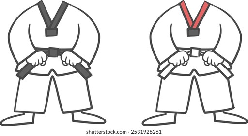 Um desenho de um praticante de Taekwondo em uniforme branco com um recorte para o rosto.