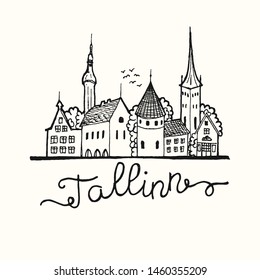 Drawing Tallinn city landmarks. Capital of Estonia sketch with old city.