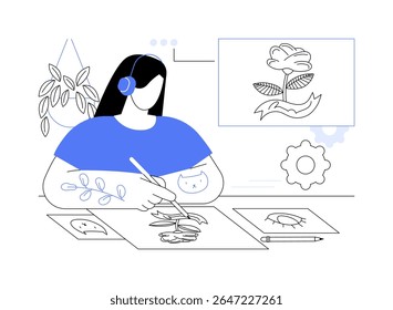 Desenho de tatuagem esboça ilustrações isoladas do vetor de desenhos animados. Mestre de tatuagem profissional faz novos esboços, pequena empresa, setor de serviços, indústria da beleza, negócios freelance vetor cartoon.
