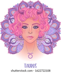 Drawing of Taurus astrological sign as a beautiful girl over ornate mandala pattern. Zodiac vector illustration isolated on white. Future telling, horoscope, alchemy, spirituality, fashion woman.