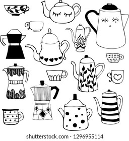 Drawing of tea and coffee pots. Winter drinks. Art can be used for a restaurant menu, coffee shop and cafe. Black linear illustration of silhouette.