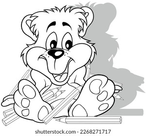 Zeichnung eines Teddybären mit auf dem Boden sitzenden Krabben - Cartoon-Illustration einzeln auf weißem Hintergrund, Vektorgrafik