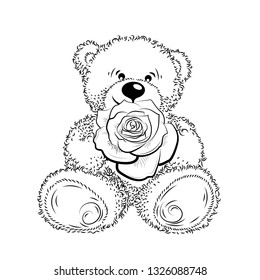 Drawing Teddy Bear with flower. Black and white vector illustration