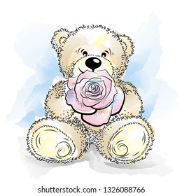 Drawing Teddy Bear with flower. Color vector illustration