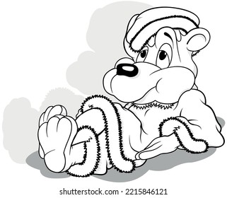 Drawing of a Teddy Bear Leaning on his Elbows in a Santa Claus Costume - Cartoon Illustration Isolated on White Background, Vector