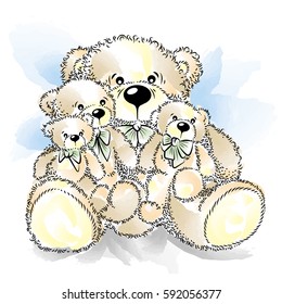 Drawing Teddy Bears with bow. Color vector illustration