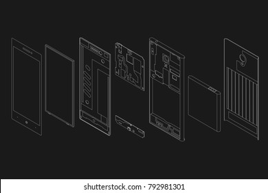 A drawing of the telephone in an exploded view on a dark background. Touch screen. Technical vector in analysis. White contour of phone. Instruction of analysis