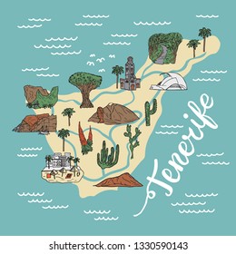 Drawing Tenerife map with hand drawn landmarks, sights, cities and elements. Cartoon detailed touristic map of Tenerife with volcano Teide, Santa Cruz and Puerto de la Cruz and drago tree.