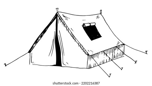 Drawing of Tent for camping. Vector hand drawn illustration in doodle style. Black Sketch of camp for picnic in white isolated background