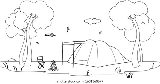 Drawing of a tent in the forest