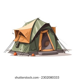 A drawing of a tent with a green and orange tent on the bottom.