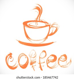 Drawing thick orange paint in broad strokes cup of coffee and a handwritten signature