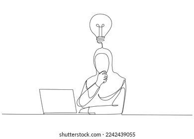 Drawing of thoughtful muslim businesswoman think of online project looking at laptop at workplace. Single continuous line art style