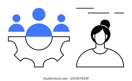 Drawing of three blue people icons inside a gear and a woman s head outlined in black. Ideal for teamwork, leadership, user interface, group dynamics, and organizational roles. Simple modern style