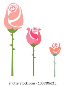 Drawing of three colorful roses in peach  rose  and orange colors with thorns  stand erect in an order one behind the other  vector  color drawing or illustration