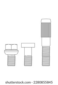 Drawing of three different types of automotive stud on a white background, The stud is a fastening element found on automobile tires to provide greater security